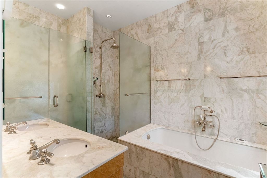 Bathroom, Glass Shower, Interior, Marble Walls, Recessed Lighting