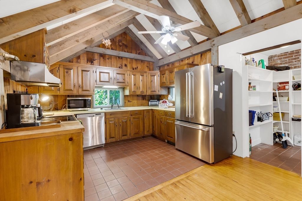 Interior, Kitchen, Stainless Steel Appliances, Wooden Beams, Wood Texture Flooring