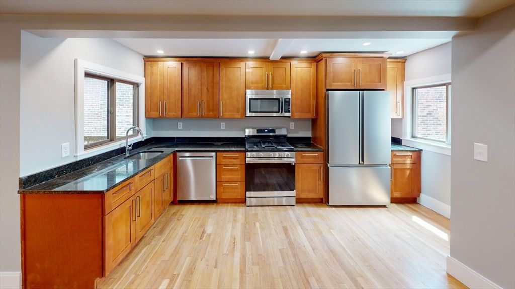 Interior, Kitchen, Recessed Lighting, Stainless Steel Appliances, Wood Texture Flooring