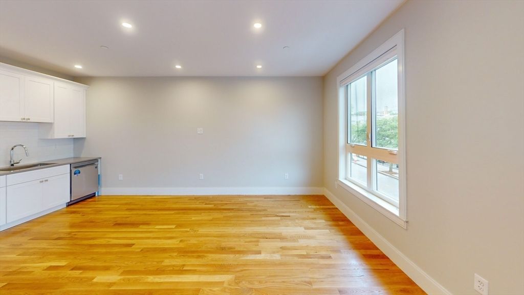Empty room, Interior, Kitchen, Recessed Lighting, Wood Texture Flooring