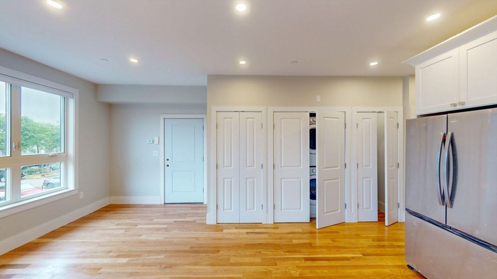 Empty room, Interior, Kitchen, Recessed Lighting, Wood Texture Flooring