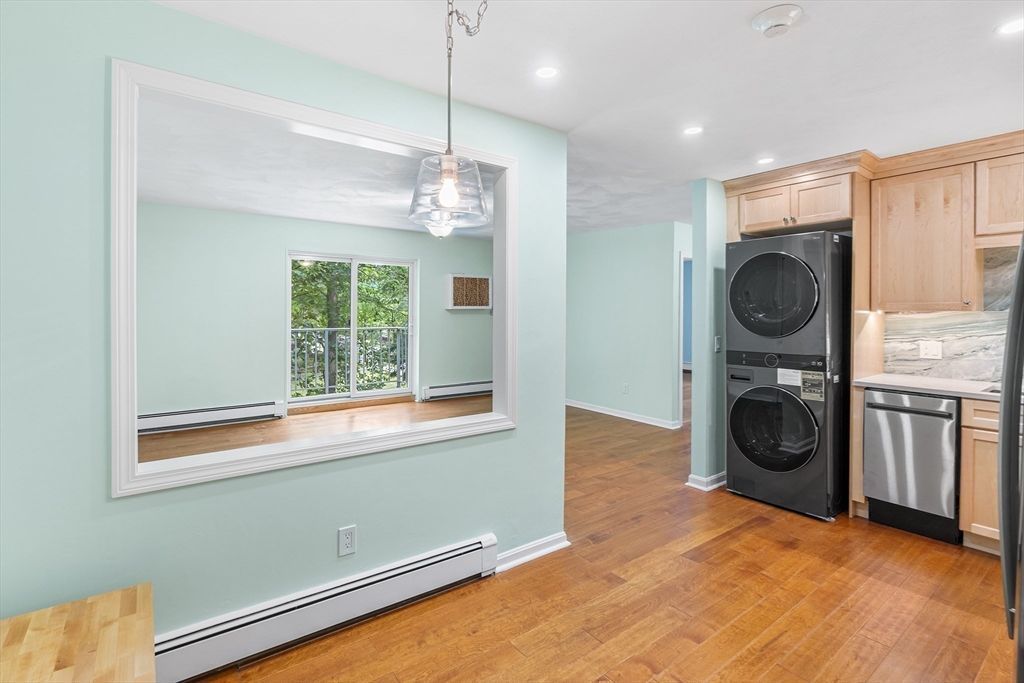 Interior, Kitchen, Pendant Lights, Recessed Lighting, Washer, Wood Texture Flooring