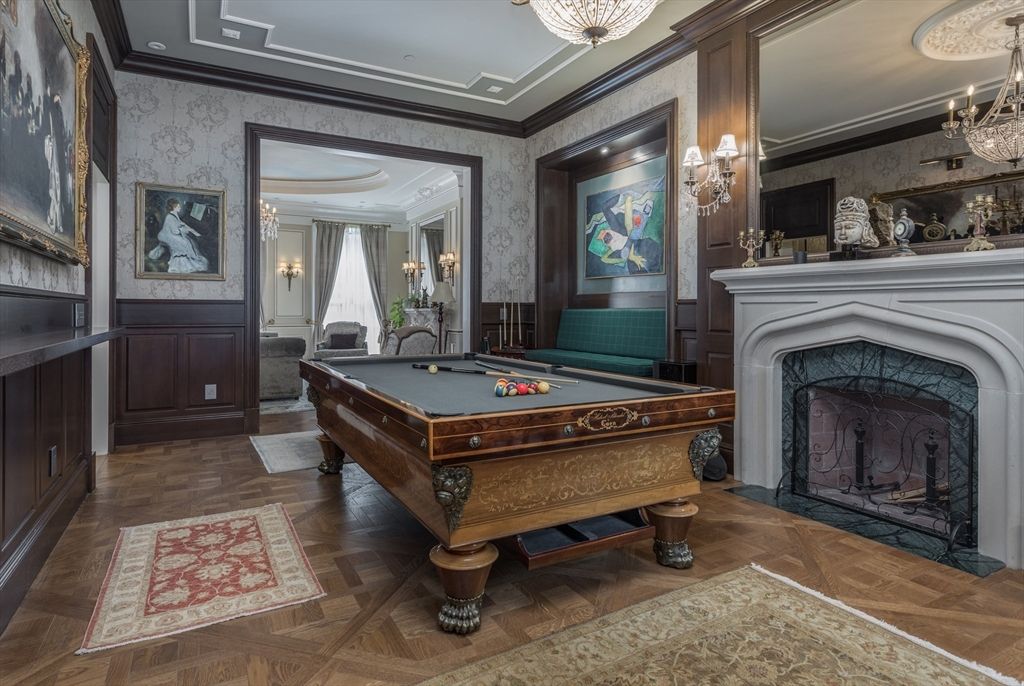 Billiard Table, Chandelier, Fireplace, Game Room, Interior, Wood Texture Flooring