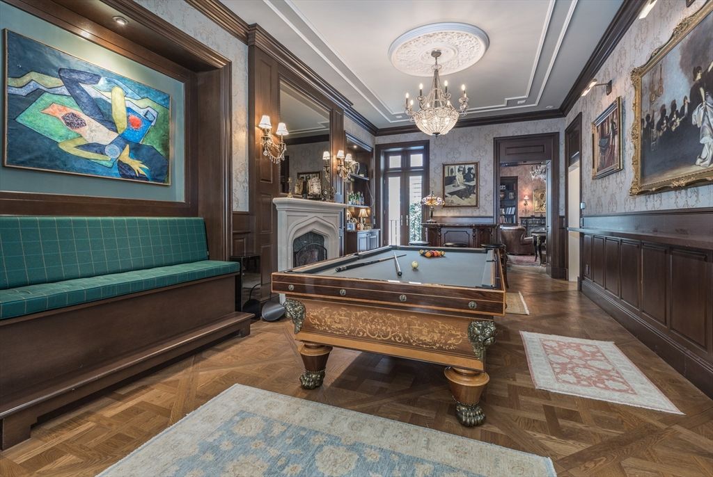 Billiard Table, Chandelier, Fireplace, Game Room, Interior, Wood Texture Flooring