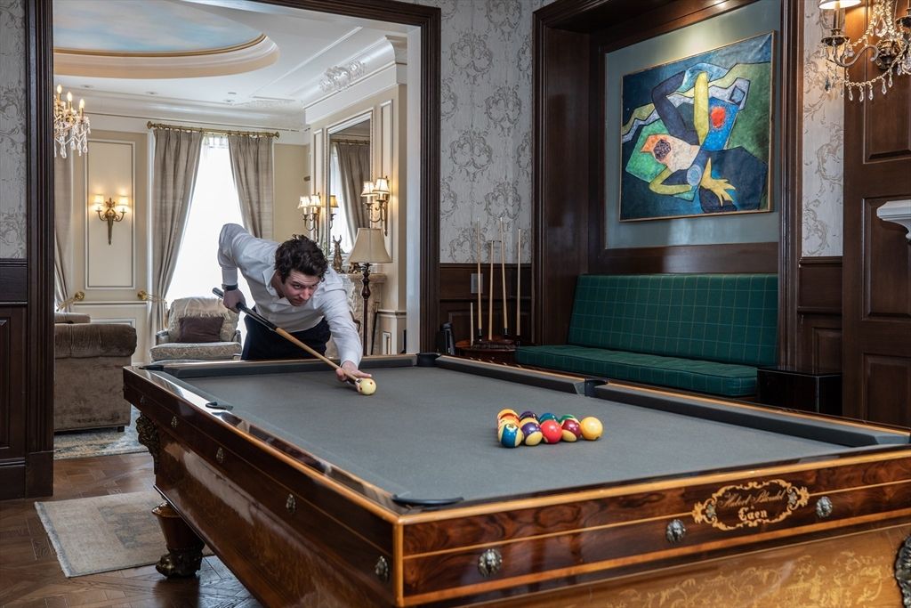 Billiard Table, Chandelier, Game Room, Interior, Recessed Lighting, Wood Texture Flooring