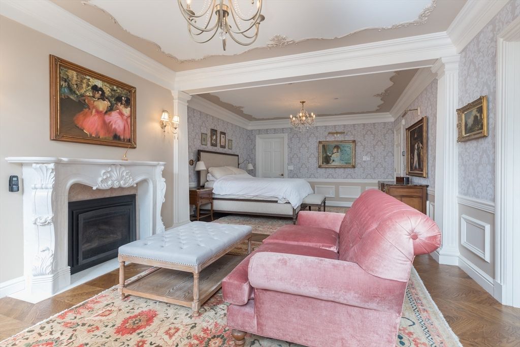 Bedroom, Chandelier, Fireplace, Interior, Wood Texture Flooring