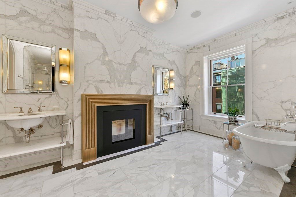Bathroom, Fireplace, Free Standing Baths, Interior, Marble, Marble Walls
