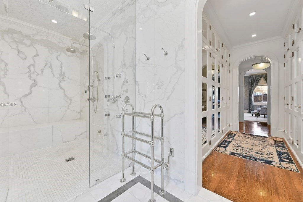 Bathroom, Glass Shower, Interior, Marble Walls, Recessed Lighting, Wood Texture Flooring