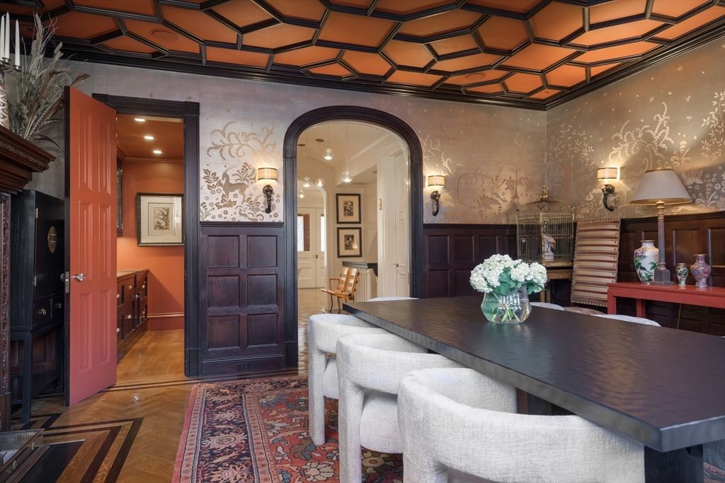 Dining room, Interior, Pendant Lights, Recessed Lighting, Wood Texture Flooring