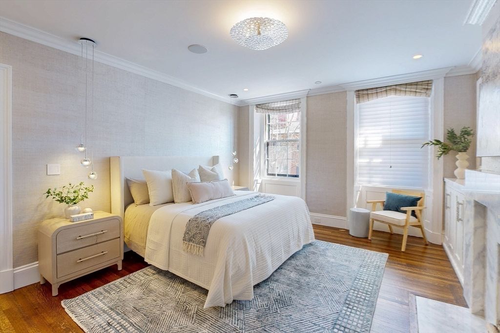 Bedroom, Interior, Pendant Lights, Recessed Lighting, Wood Texture Flooring