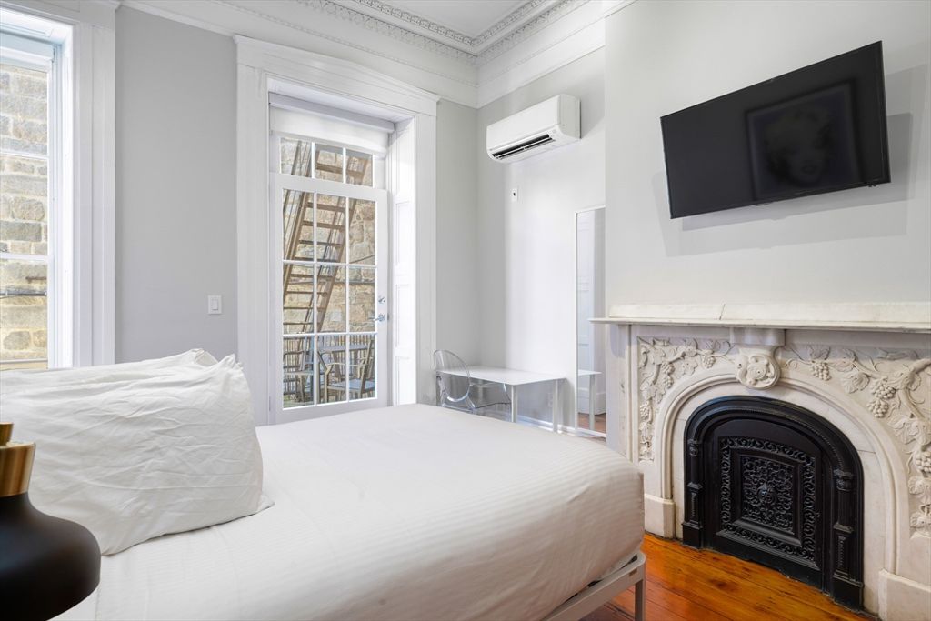 Bedroom, Fireplace, Interior, Wood Texture Flooring