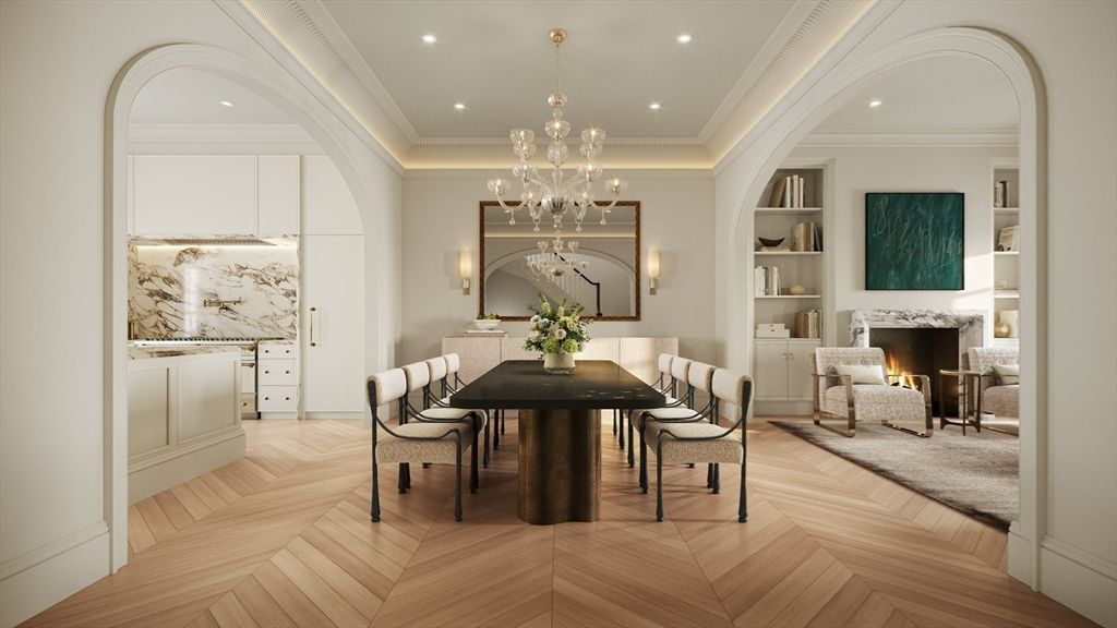 Chandelier, Dining room, Fireplace, Interior, Recessed Lighting, Wood Texture Flooring