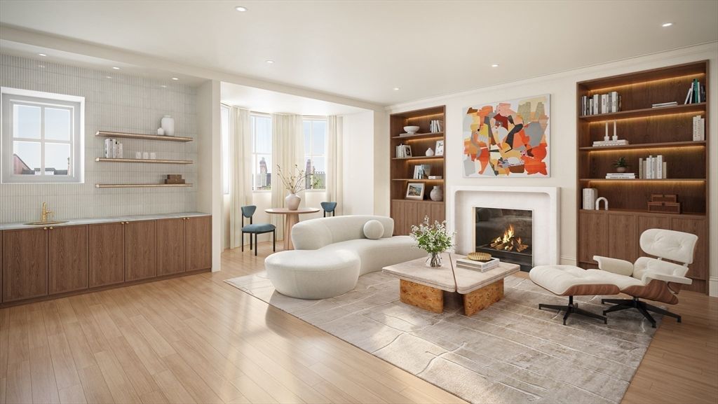 Fireplace, Interior, Living room, Recessed Lighting, Wood Texture Flooring