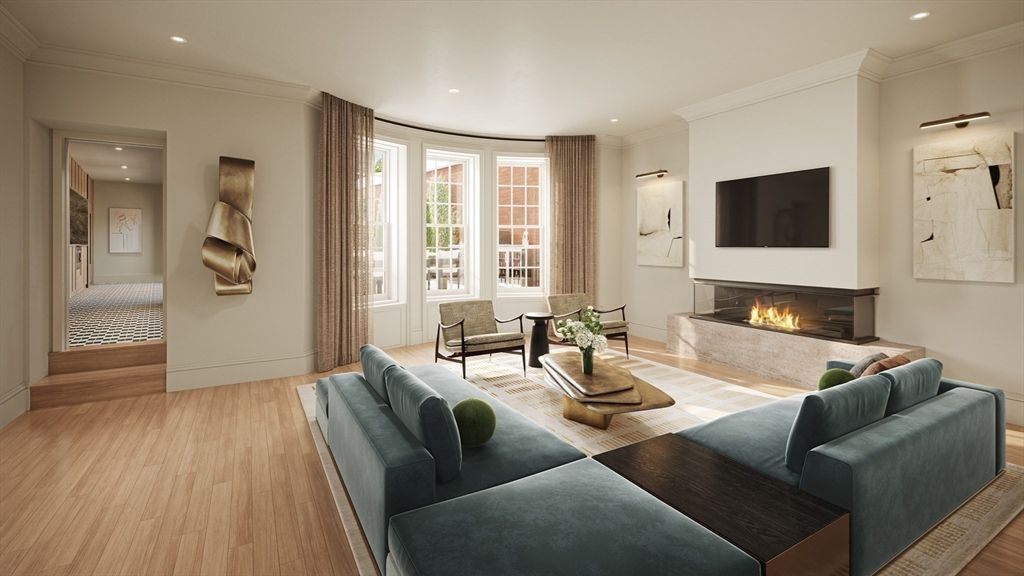 Fireplace, Interior, Living room, Recessed Lighting, Wood Texture Flooring