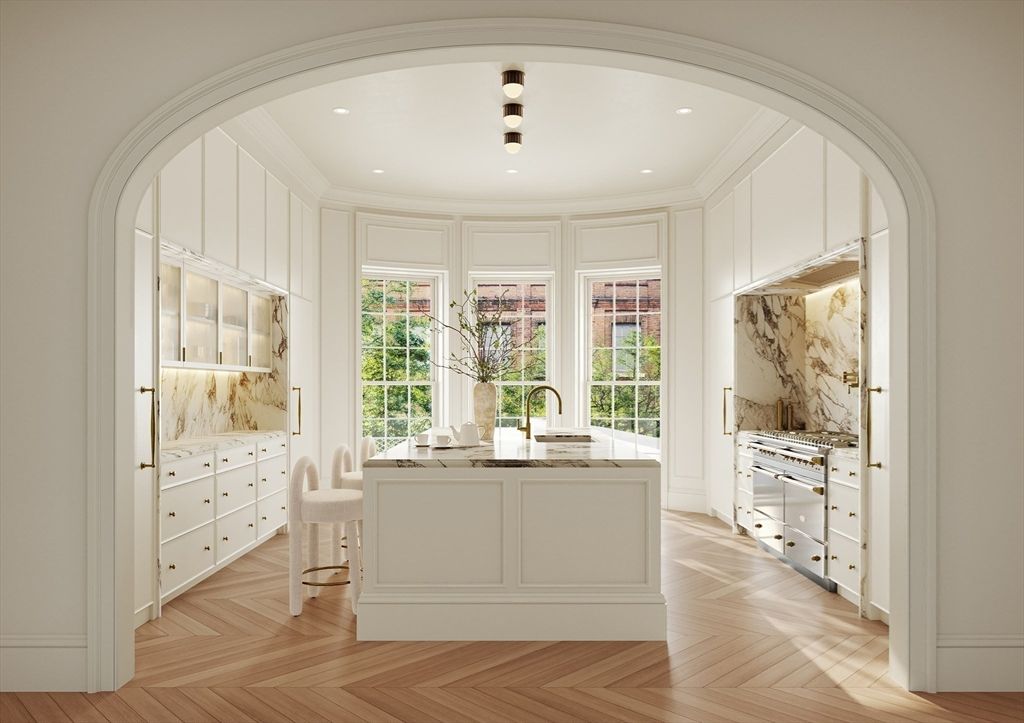 Interior, Kitchen, Marble Walls, Recessed Lighting, Wood Texture Flooring