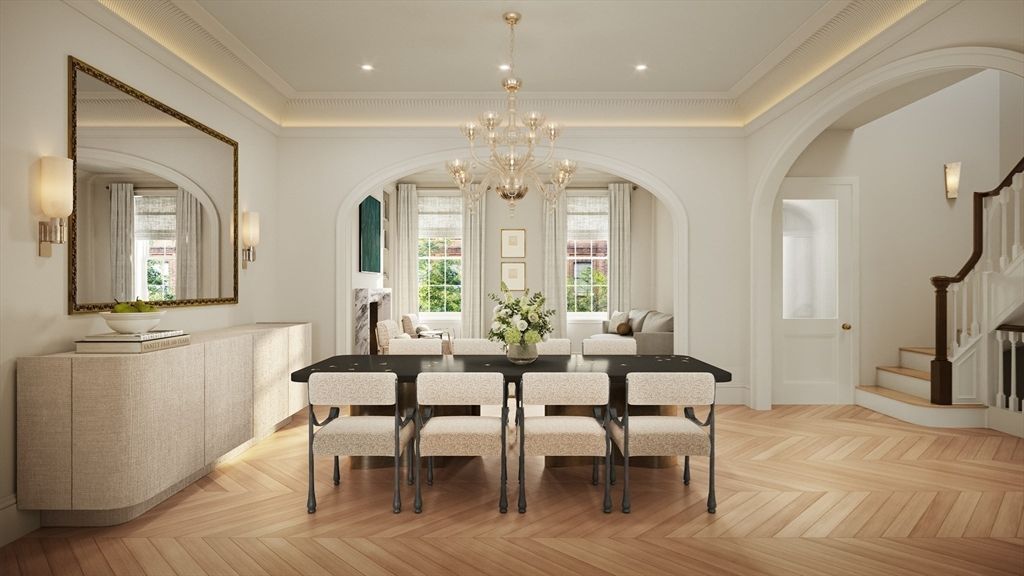 Chandelier, Dining room, Interior, Recessed Lighting, Wood Texture Flooring