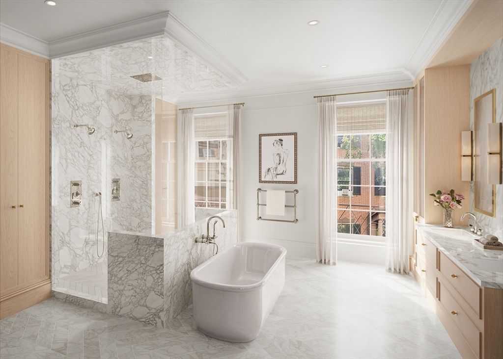 Bathroom, Free Standing Baths, Interior, Marble, Marble Walls, Recessed Lighting