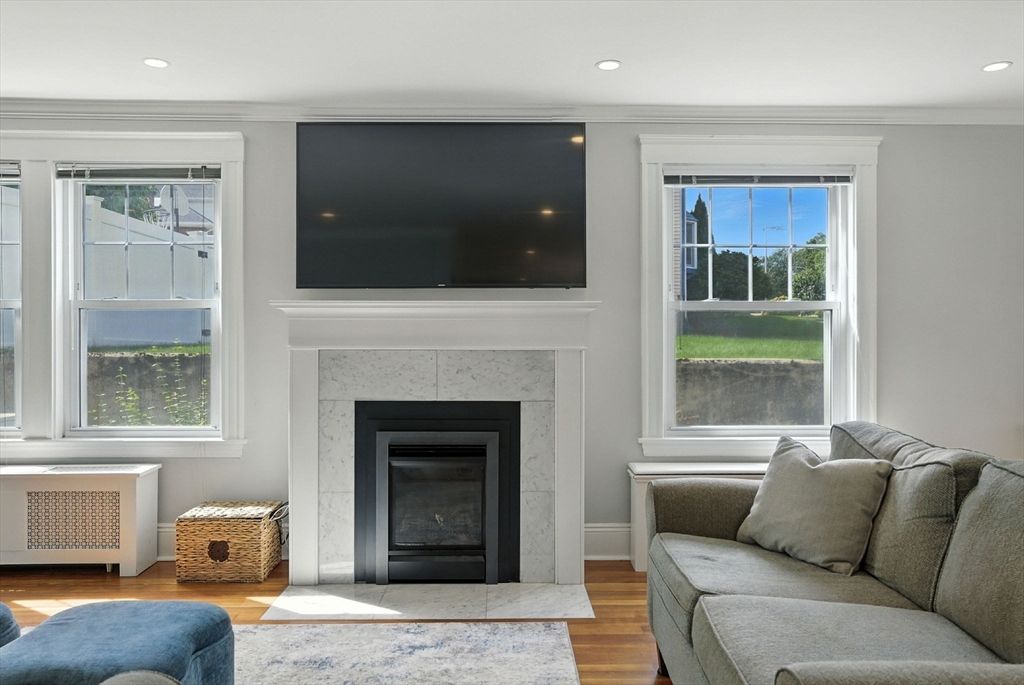 Fireplace, Interior, Living room, Recessed Lighting, Wood Texture Flooring