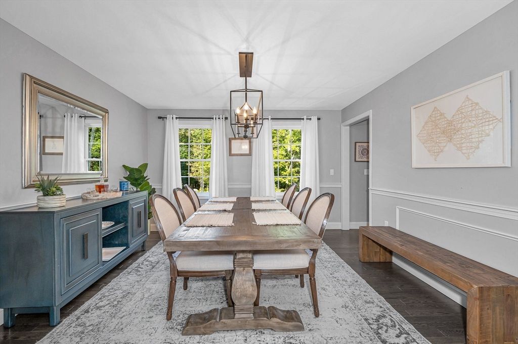 Dining room, Interior, Pendant Lights, Wood Texture Flooring