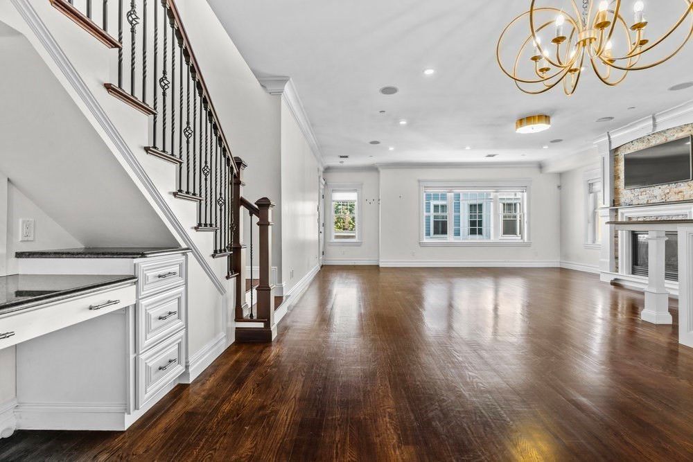 Chandelier, Empty room, Interior, Recessed Lighting, Wood Texture Flooring