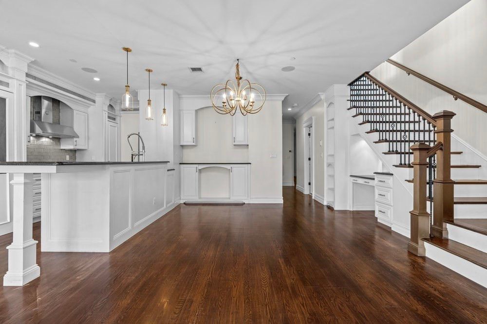 Chandelier, Interior, Kitchen, Pendant Lights, Recessed Lighting, Stainless Steel Appliances, Wood Texture Flooring