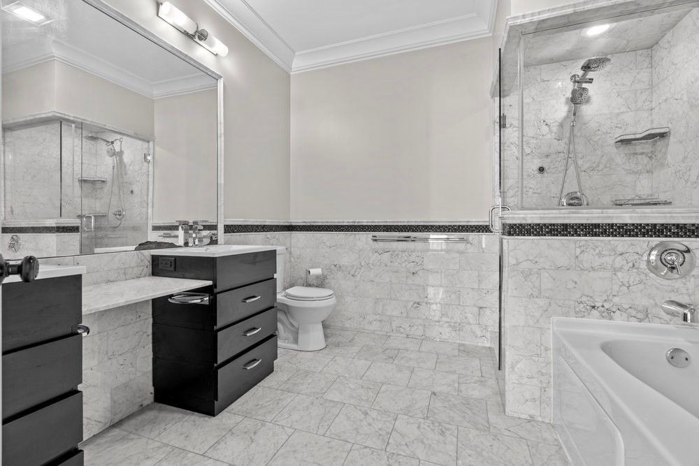 Bathroom, Glass Shower, Interior, Marble, Marble Walls, Recessed Lighting