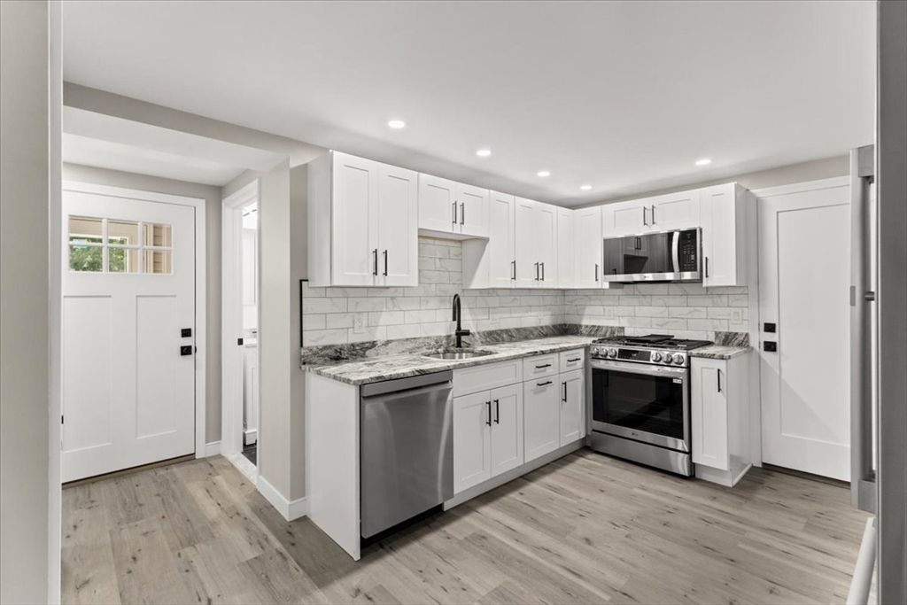 Interior, Kitchen, Recessed Lighting, Stainless Steel Appliances, Wood Texture Flooring