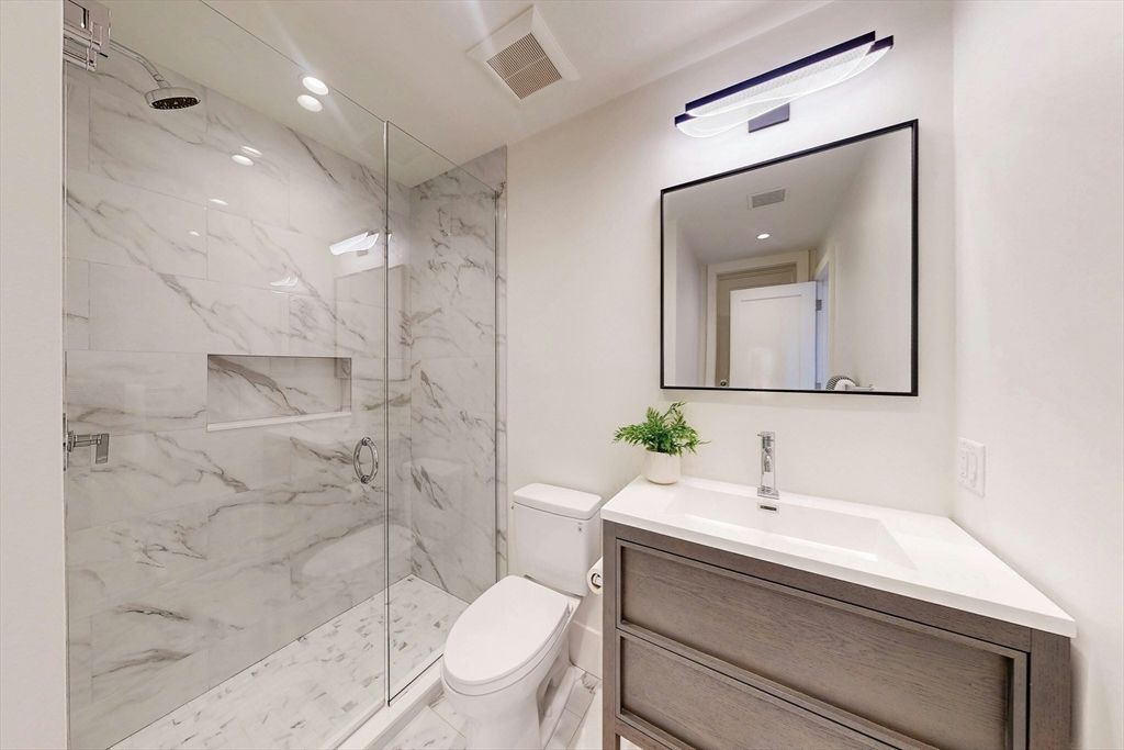 Bathroom, Glass Shower, Interior, Marble, Marble Walls, Recessed Lighting