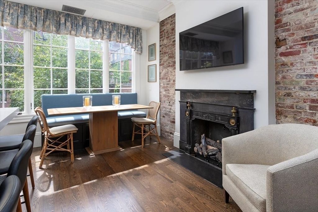 Dining room, Fireplace, Interior, Stone Walls, Wood Texture Flooring