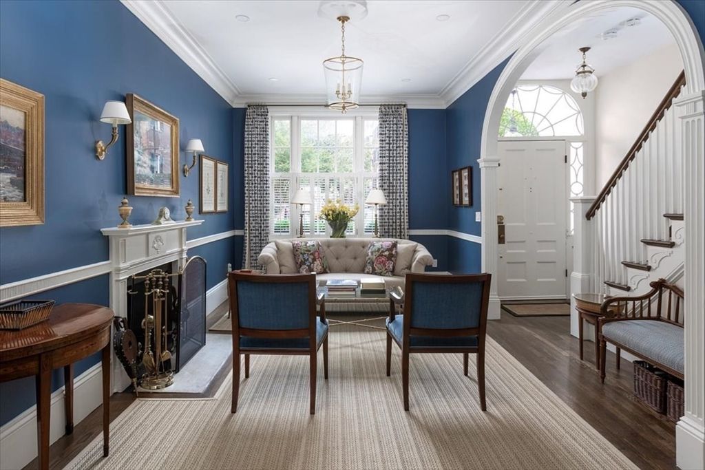 Fireplace, Interior, Living room, Pendant Lights, Wood Texture Flooring