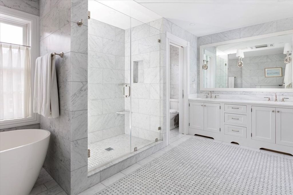 Bathroom, Dual Sink Vanities, Free Standing Baths, Glass Shower, Interior, Marble Walls