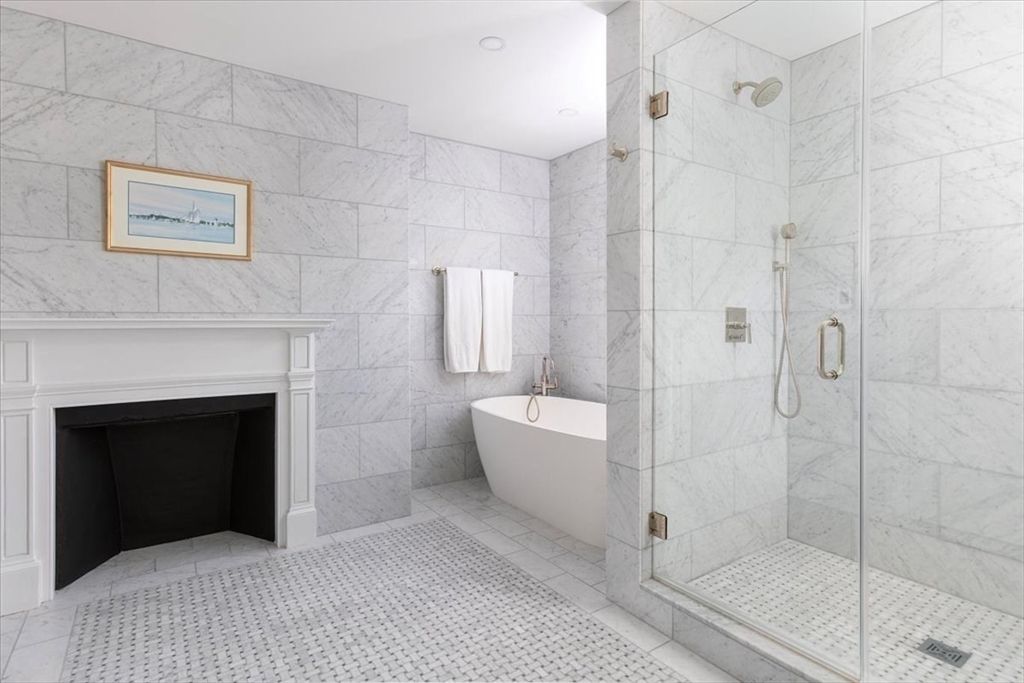 Bathroom, Free Standing Baths, Glass Shower, Interior, Marble Walls, Recessed Lighting
