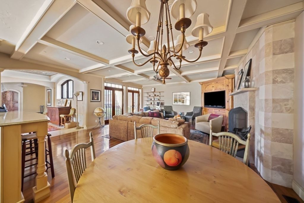 Chandelier, Dining room, Fireplace, Interior, Living room, Recessed Lighting, Wood Texture Flooring