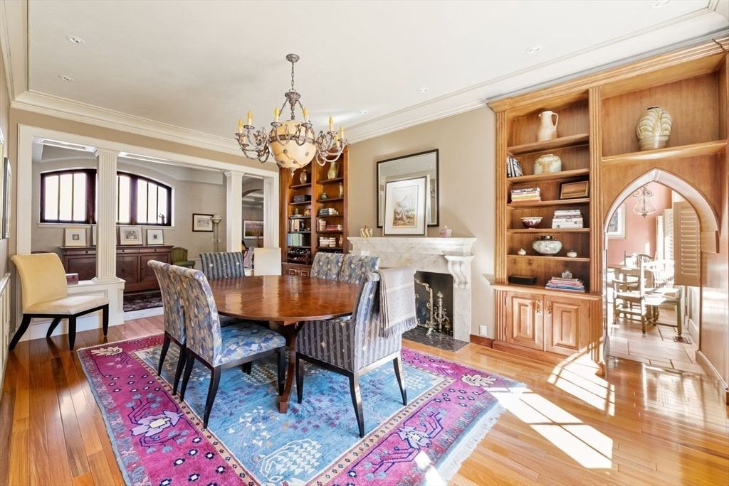 Chandelier, Dining room, Fireplace, Interior, Recessed Lighting, Wood Texture Flooring