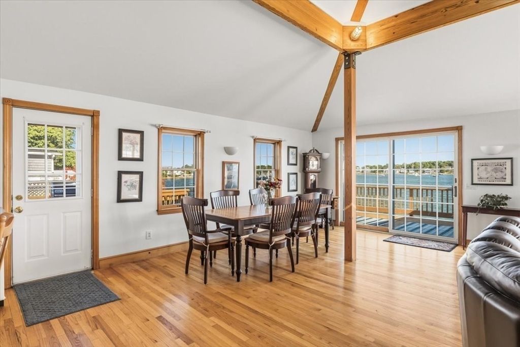 Dining room, Interior, Water, Wooden Beams, Wood Texture Flooring