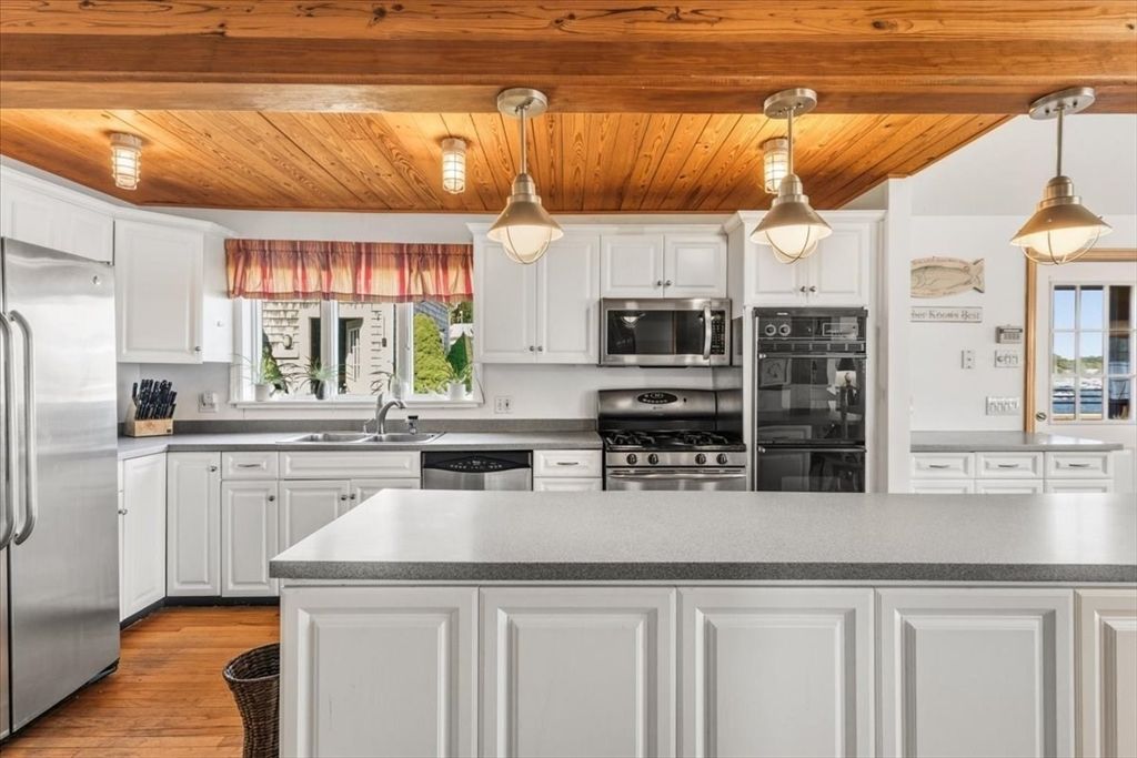 Interior, Kitchen, Pendant Lights, Stainless Steel Appliances, Wooden Ceilings, Wood Texture Flooring