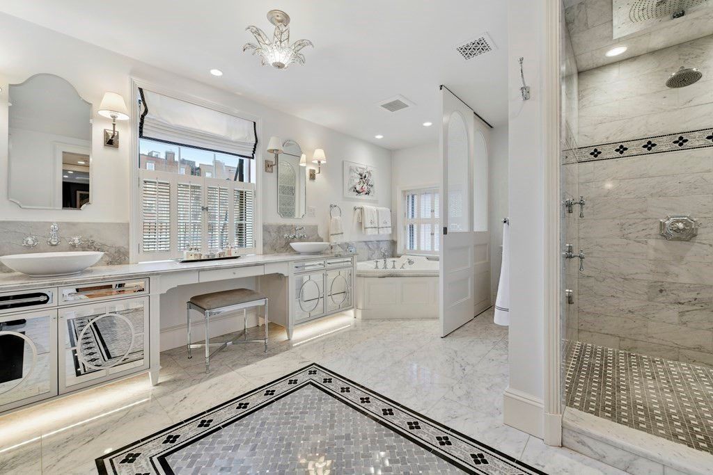 Bathroom, Dual Sink Vanities, Glass Shower, Interior, Marble, Marble Walls, Recessed Lighting