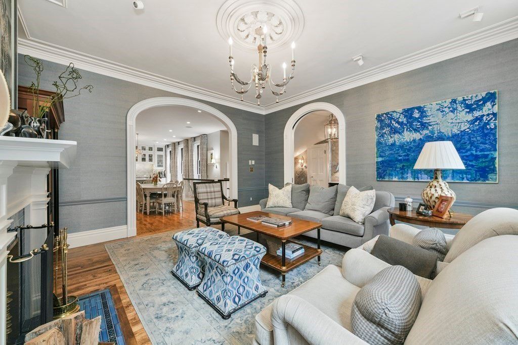 Chandelier, Dining room, Fireplace, Interior, Living room, Recessed Lighting, Wood Texture Flooring