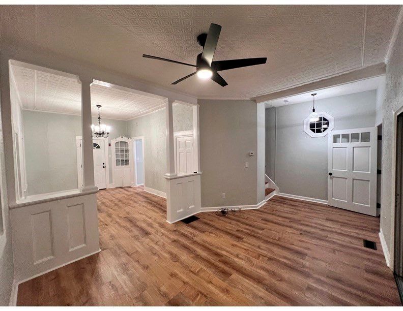Chandelier, Empty room, Interior, Wood Texture Flooring