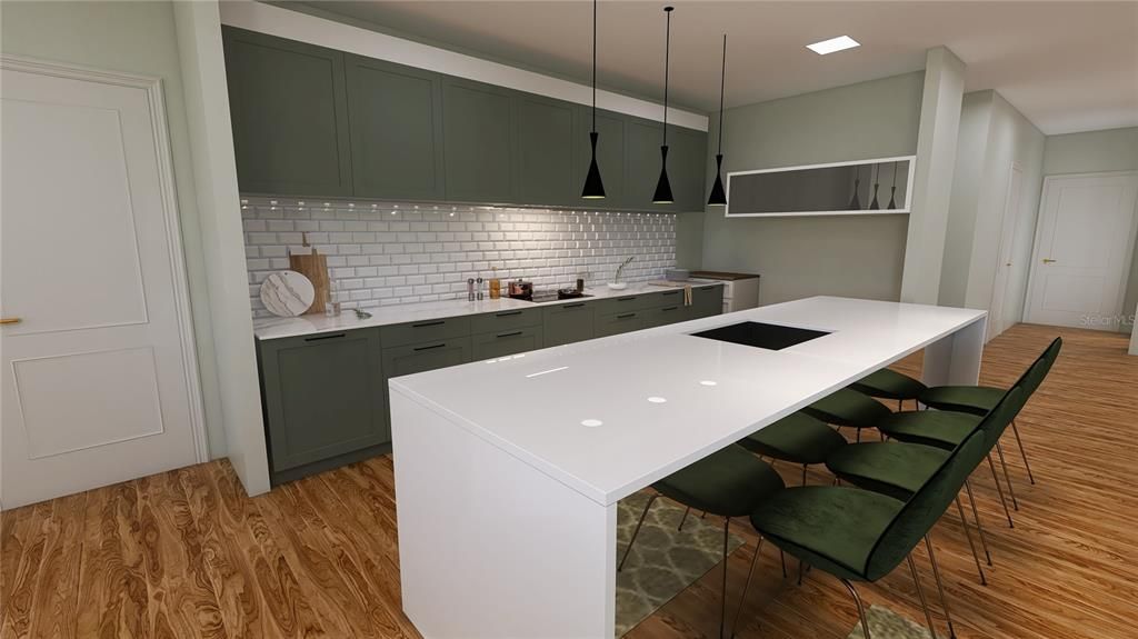 Interior, Kitchen, Pendant Lights, Recessed Lighting, Wood Texture Flooring