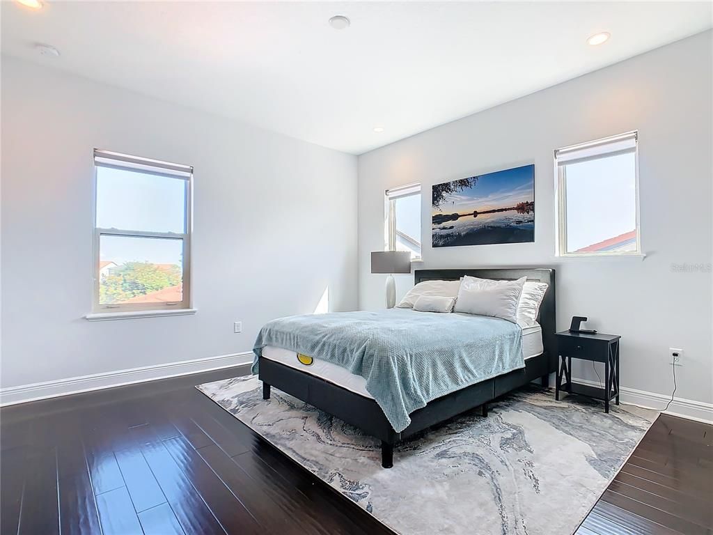 Bedroom, Interior, Recessed Lighting, Wood Texture Flooring