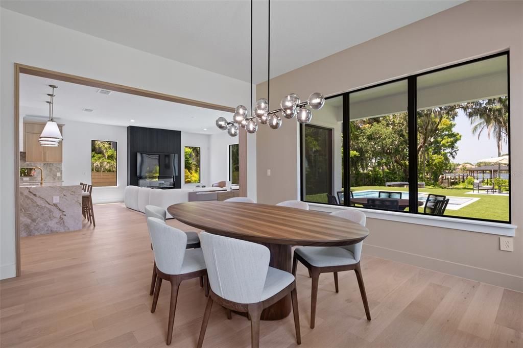 Dining room, Interior, Kitchen, Pendant Lights, Recessed Lighting, Wood Texture Flooring