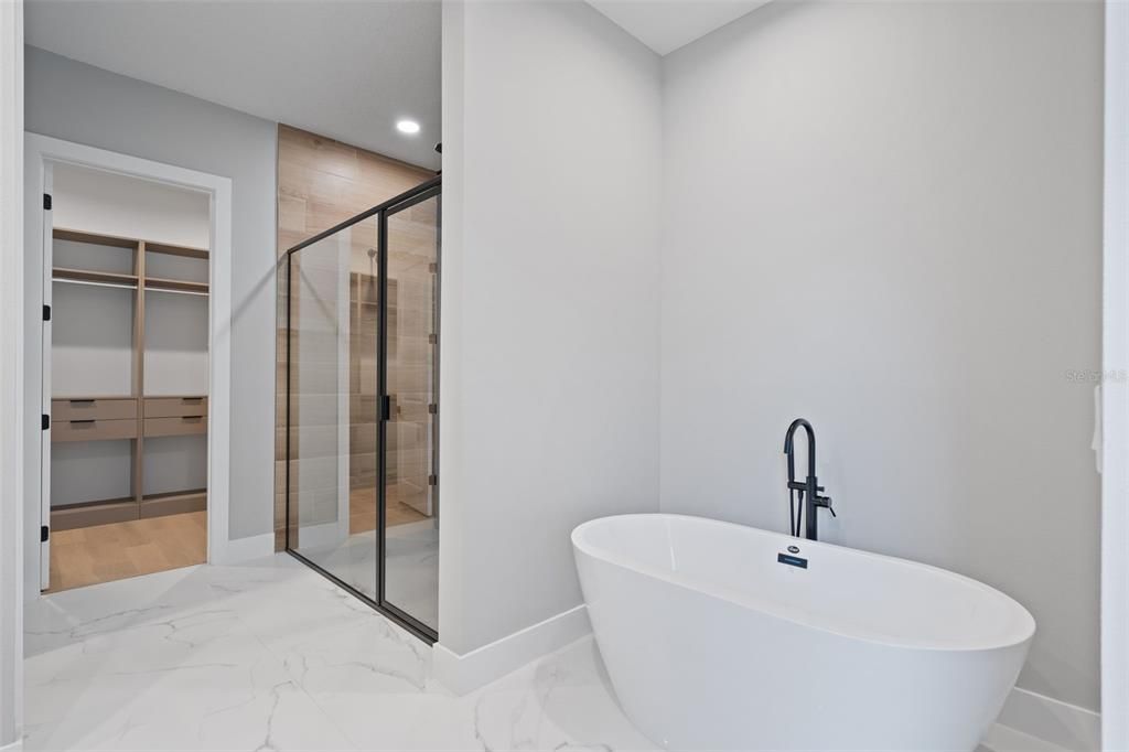 Bathroom, Free Standing Baths, Glass Shower, Interior, Marble, Recessed Lighting
