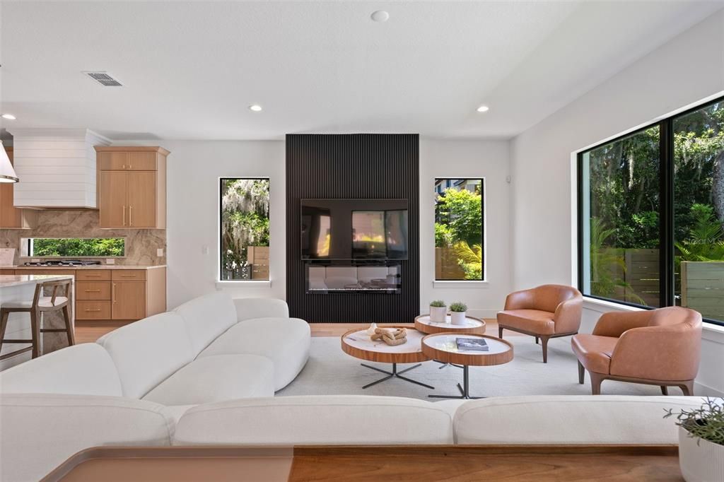 Interior, Living room, Recessed Lighting, Wood Texture Flooring