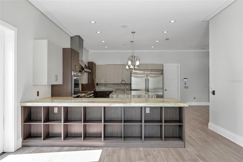 Chandelier, Interior, Kitchen, Pendant Lights, Recessed Lighting, Stainless Steel Appliances, Wood Texture Flooring