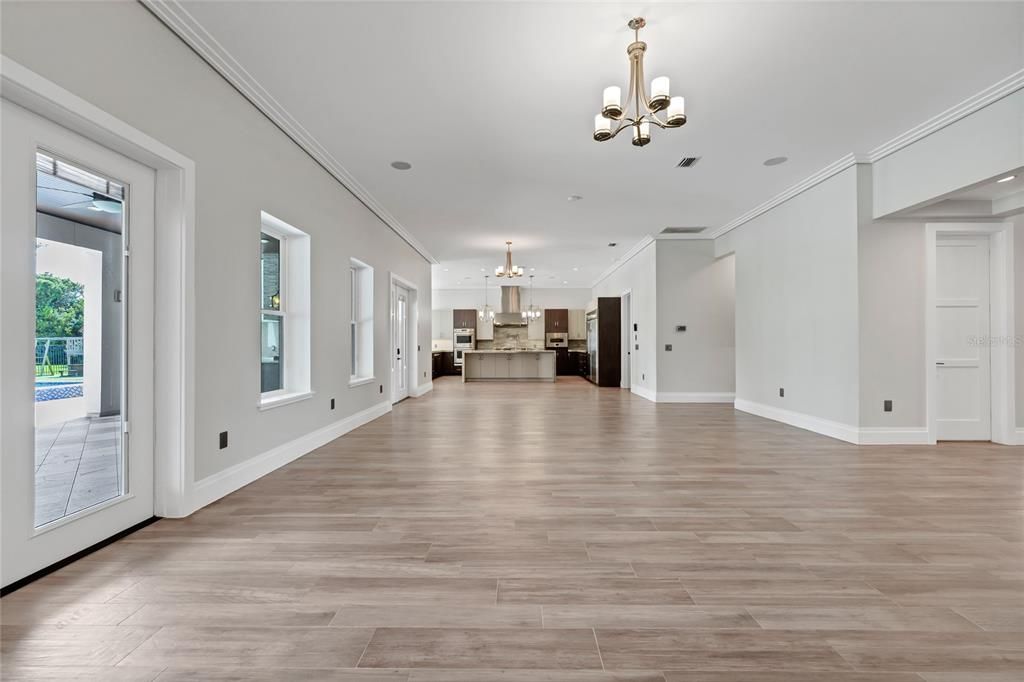 Chandelier, Empty room, Interior, Kitchen, Pendant Lights, Wood Texture Flooring