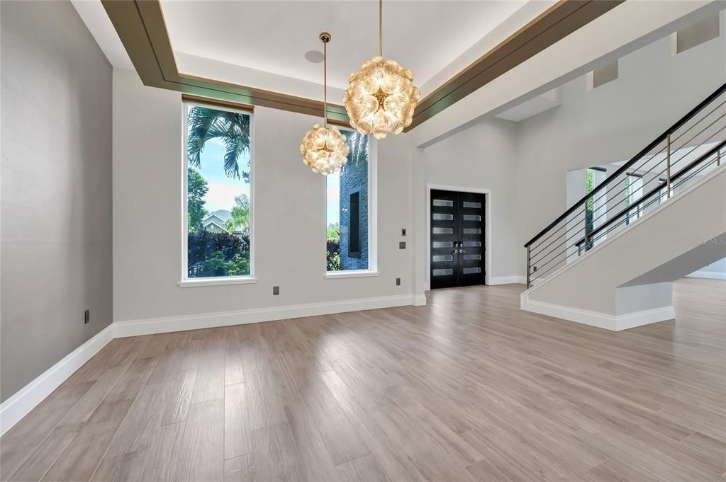 Empty room, Interior, Pendant Lights, Wood Texture Flooring