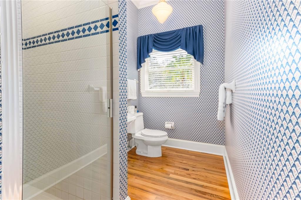 Bathroom, Glass Shower, Interior, Pendant Lights, Wood Texture Flooring