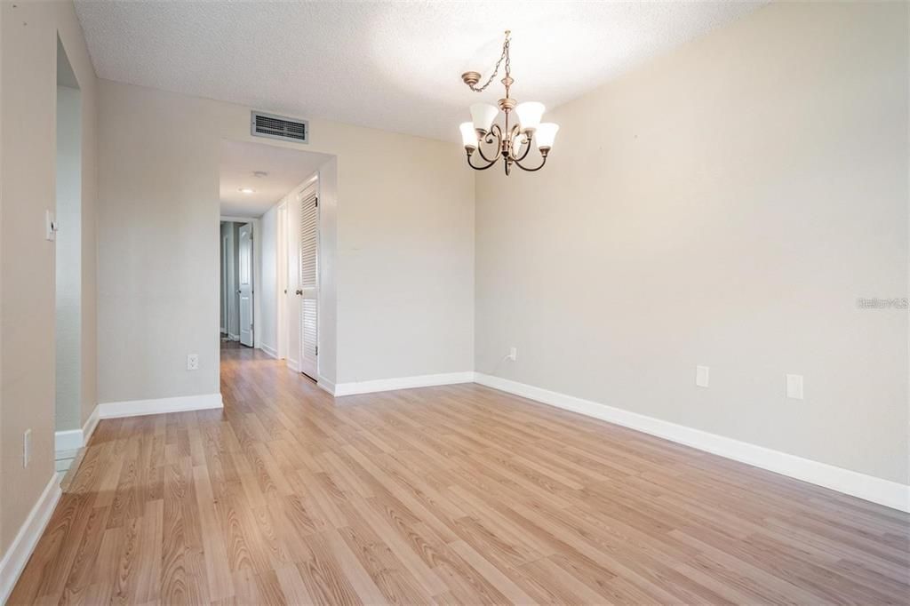 Chandelier, Empty room, Interior, Recessed Lighting, Wood Texture Flooring