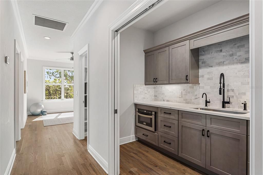 Interior, Kitchen, Recessed Lighting, Stone Walls, Wood Texture Flooring